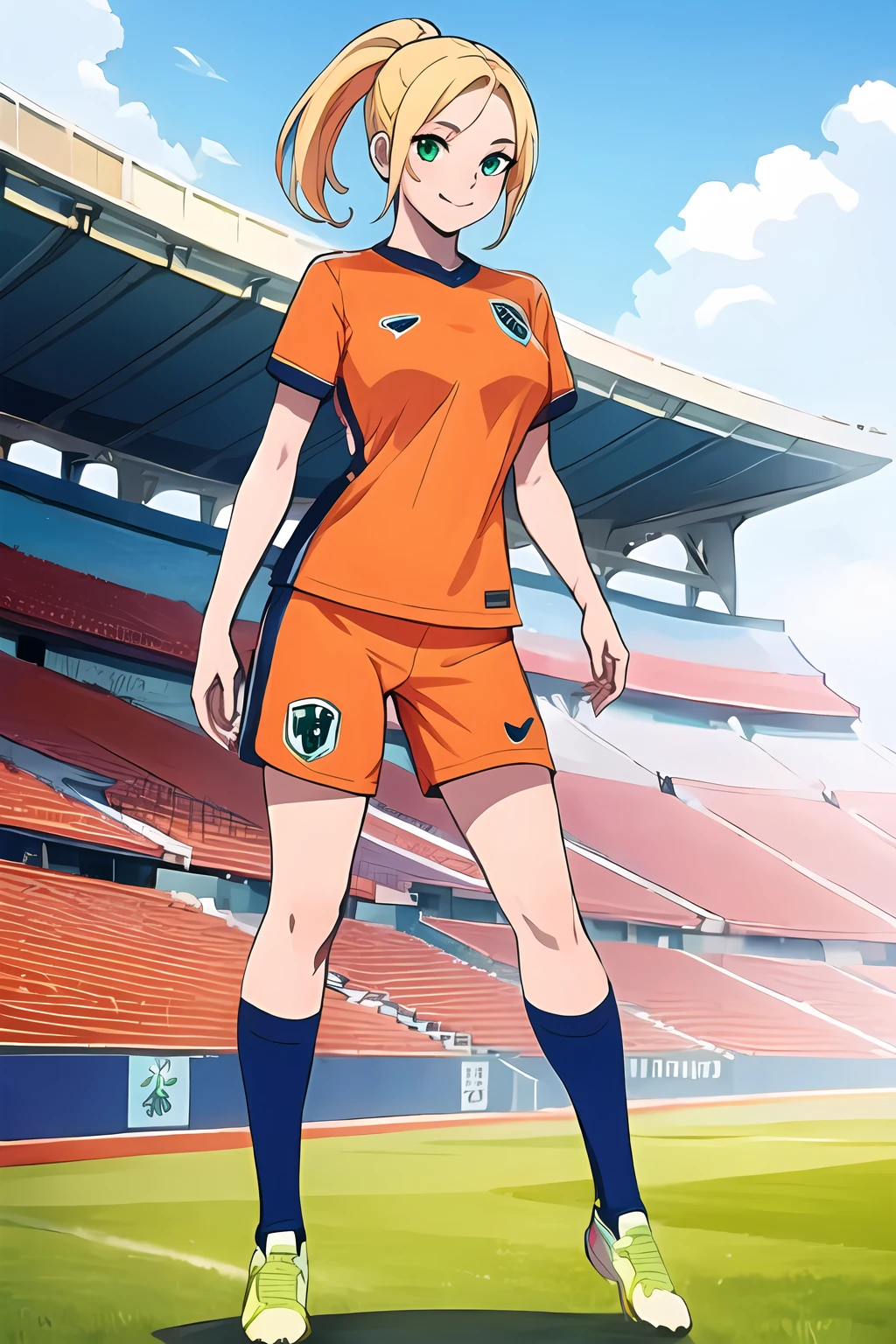 <lora:SC-N3T_Shirt_2024:1>, n3th3rl4nd, sportswear, soccer uniform, orange shirt, shorts, (full body:1.2), 1girl, blonde hair, ponytail, smile, (stadium:1.2), green field, massive breasts, (best quality), (ultra-detailed), (best illustration)