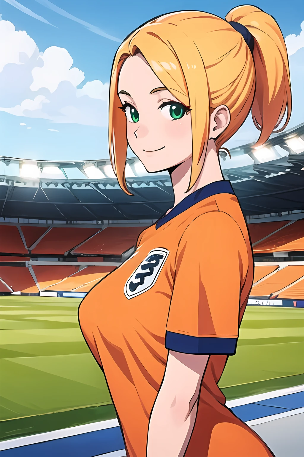 <lora:SC-N3T_Shirt_2024:0.8>, n3th3rl4nd, sportswear, soccer uniform, orange shirt, upper body, from side, looking at viewer, 1girl, blonde hair, ponytail, smile, (stadium:1.2), green field, massive breasts, (best quality), (ultra-detailed), (best illustration)