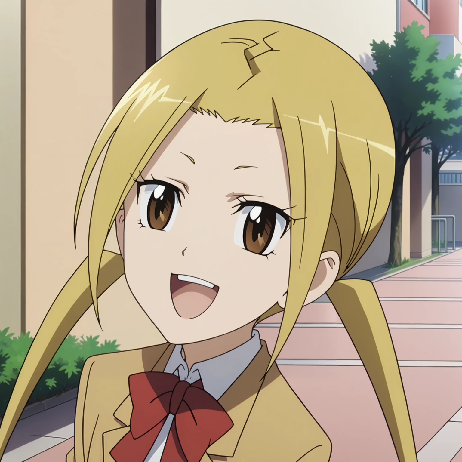 <lora:SuzuHagimuraXLpony001>,
solo,open mouth,
smile,
SuzuHagimura,1girl,blonde hair,twintails,brown eyes,
school_uniform,bowtie,
outdoors,