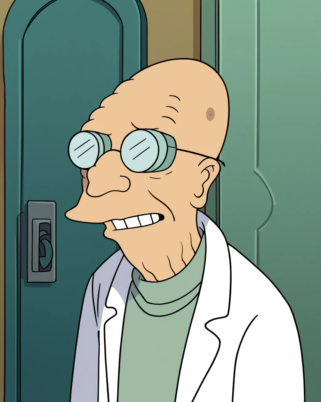 score_9, score_8_up, score_7_up, zPDXL, old, old man, Professor Farnsworth, thick lenses glasses, circle eyes, overbite, dot pupil, source_cartoon, futuramastyle, solo, 1boy, upper body, male focus, glasses, teeth, parody, door, labcoat, bald<lora:Futurama_Style:1>