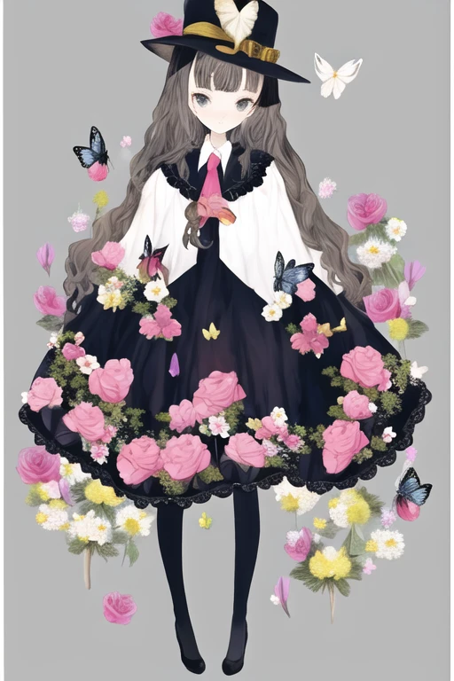 illustration,butterfly,flower,1girl,flowers meadows,long hair,hat,yellow flower,necktie,holding,frills,dress,colorful,bangs,pantyhose,full body,pink bow,(border),<lora:illustration_20240520235257-000003:1.3>,incredibly absurdres,available light,nature,simple background,grey background,
