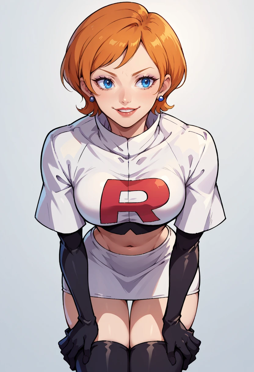 score_9, score_8_up,score_7_up, source_anime, solo, 1girl,<lora:EPopKoala:1>, EPopKoala, short hair, orange hair, swept bangs, blue eyes, 
 standing, parted lips, smile, white jacket, cropped jacket, earrings, elbow gloves, gloves, black gloves, white jacket, jewelry, lipstick, looking to the side, makeup, navel, shirt, skirt, team rocket, team rocket uniform, thigh boots, black footwear, hands on own knees, leaning forward, bent over,