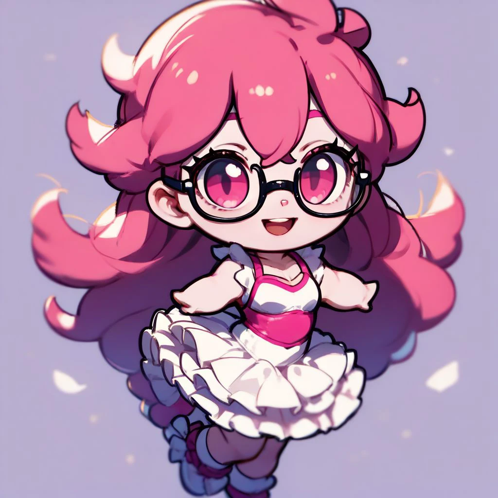 score_9,score_8_up,score_7_up,score_6_up,score_5_up,score_4_up, solo , 1girl, long hair, pink hair, glasses, pink eyes, big eyes, eyelashes, smile, open mouth, standing split, tutu, chibi