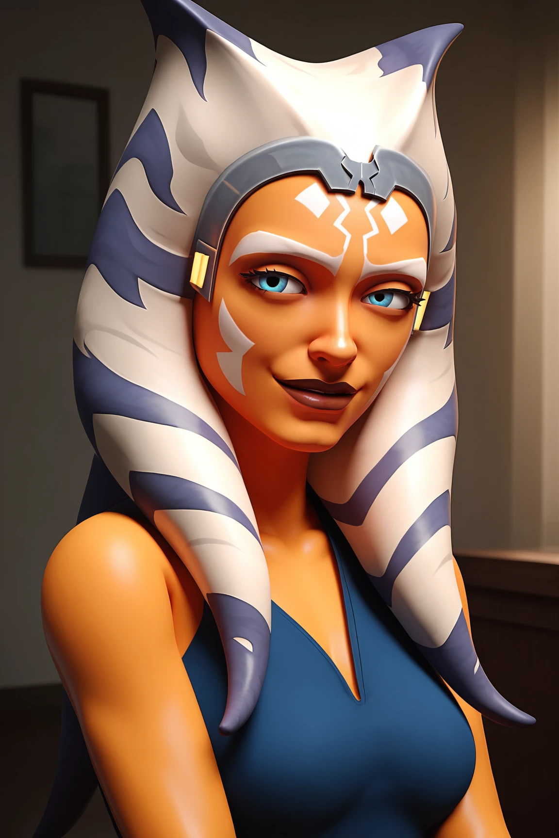 score_9, score_8_up, score_7_up, score_6_up, score_5_up, score_4_up, AhsokaTanoXL, blue eyes, tentacle hair, orange skin, colored skin, facial mark, medium breasts, blue dress, bare shoulders, guantlets, (portrait shot, upper body), seductive smile, looking at viewer, indoors <lora:AhsokaTanoXL:0.7>