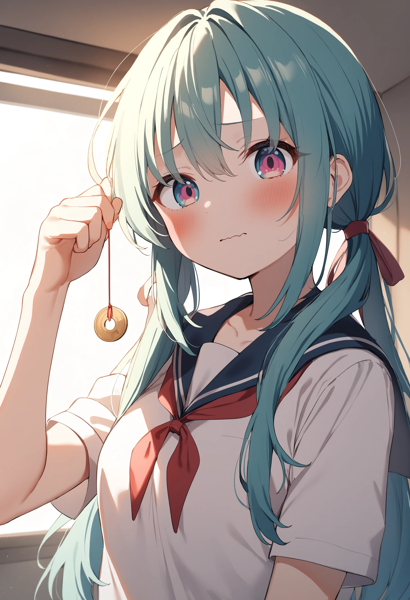 1girl,sincos, ningen mame, toosaka asagi,solo,medium breasts,school uniform,
hypnosis, mind control,looking at viewer,  hand up, coin on string, <lora:hypnosis_XL_v1:0.7>
upper body, aqua hair, pink eyes,wavy mouth, by classroom window, closed mouth, low twintails hair,
best quality, very aesthetic, absurdres