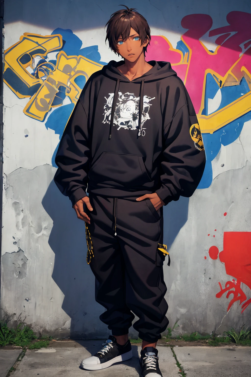 masterpiece, best quality, absurdres, 1boy, solo, AijimaCecil, dark skin, brown hair, blue eyes, short hair, , urban and street style, graffiti-inspired colors, cool and edgy attire, baggy pants, oversized hoodie, stylish sneakers, fashionable accessories, hip hop jewelry, graffiti walls, energetic and vibrant atmosphere, <lora:ChamAijimaCecil:1>