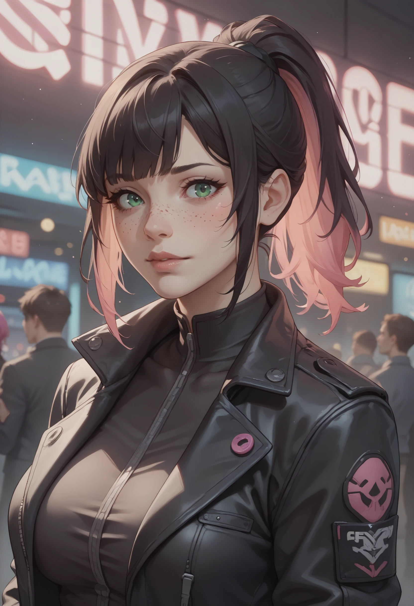 score_9, score_8_up, score_7_up, BREAK mature female, portrait, upper body, nightclub, neon lights, bokeh, depth of field, black hair, pink dyed hair, ponytail, bangs, green eyes, freckles, futuristic jacket, black jacket, leather jacket