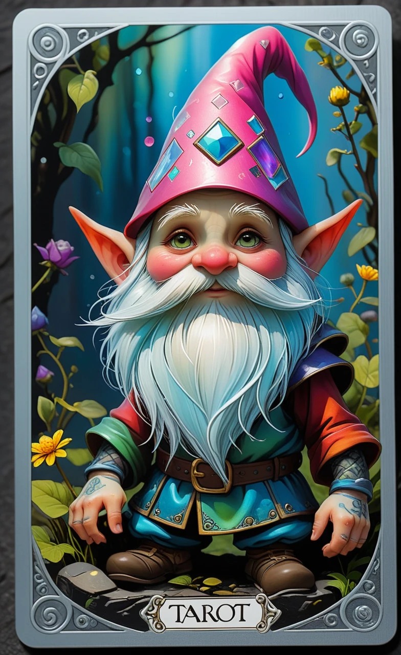 <lora:artfullyONEHUNDRED_SDXL_V1:.7>, art100th,
Concept race: gnome In the style of tarot, plastic card, foiled with reflective metal, Inked by hand, all colors holographic except black. Movement causes the card to change appearances.