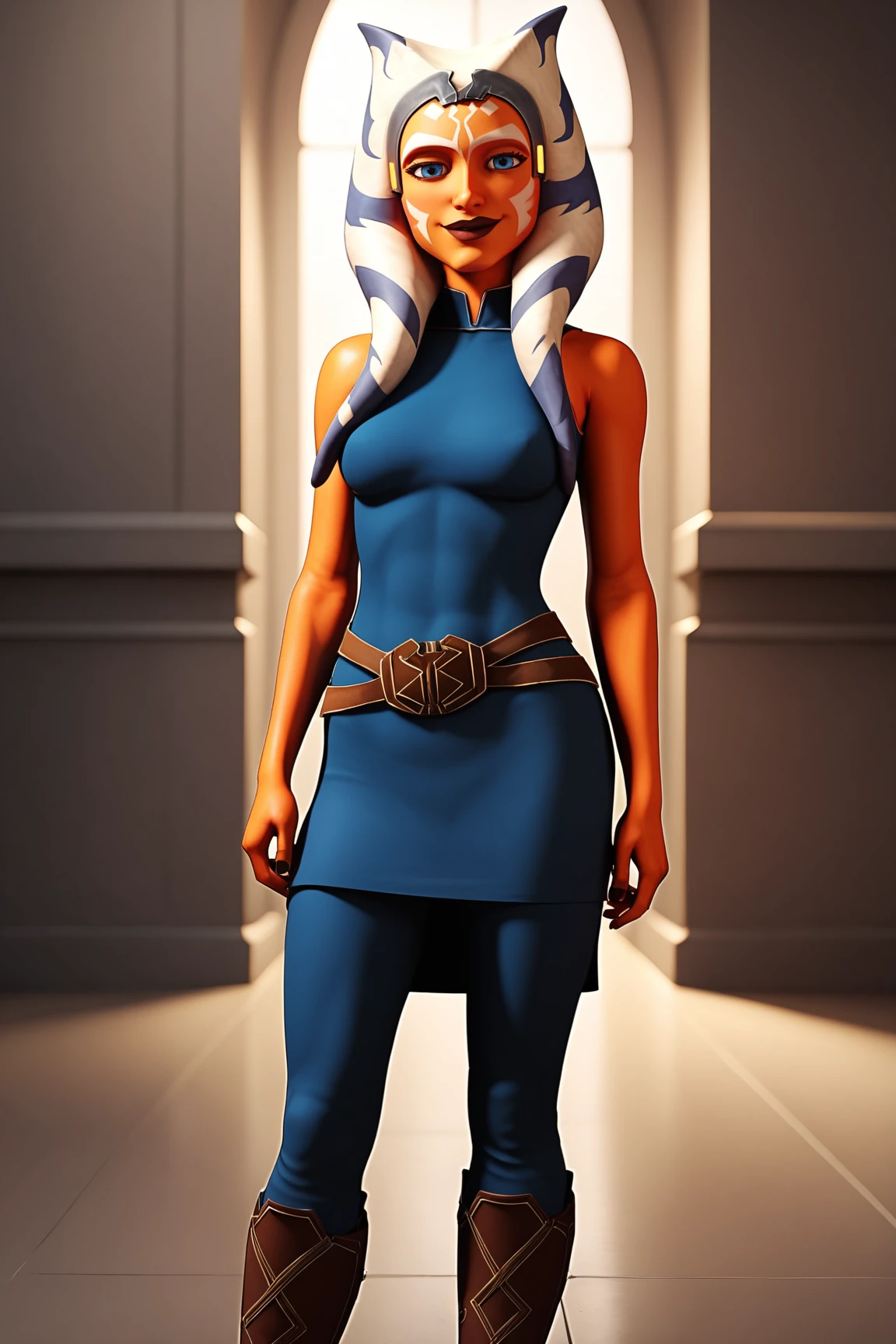 score_9, score_8_up, score_7_up, score_6_up, score_5_up, score_4_up, AhsokaTanoXL, blue eyes, tentacle hair, orange skin, colored skin, facial mark, medium breasts, blue dress, skirt, blue pants, bare shoulders, guantlets, hip armor, skirt,blue pants, brown boots, standing, seductive smile, looking at viewer, indoors <lora:AhsokaTanoXL:0.7>
