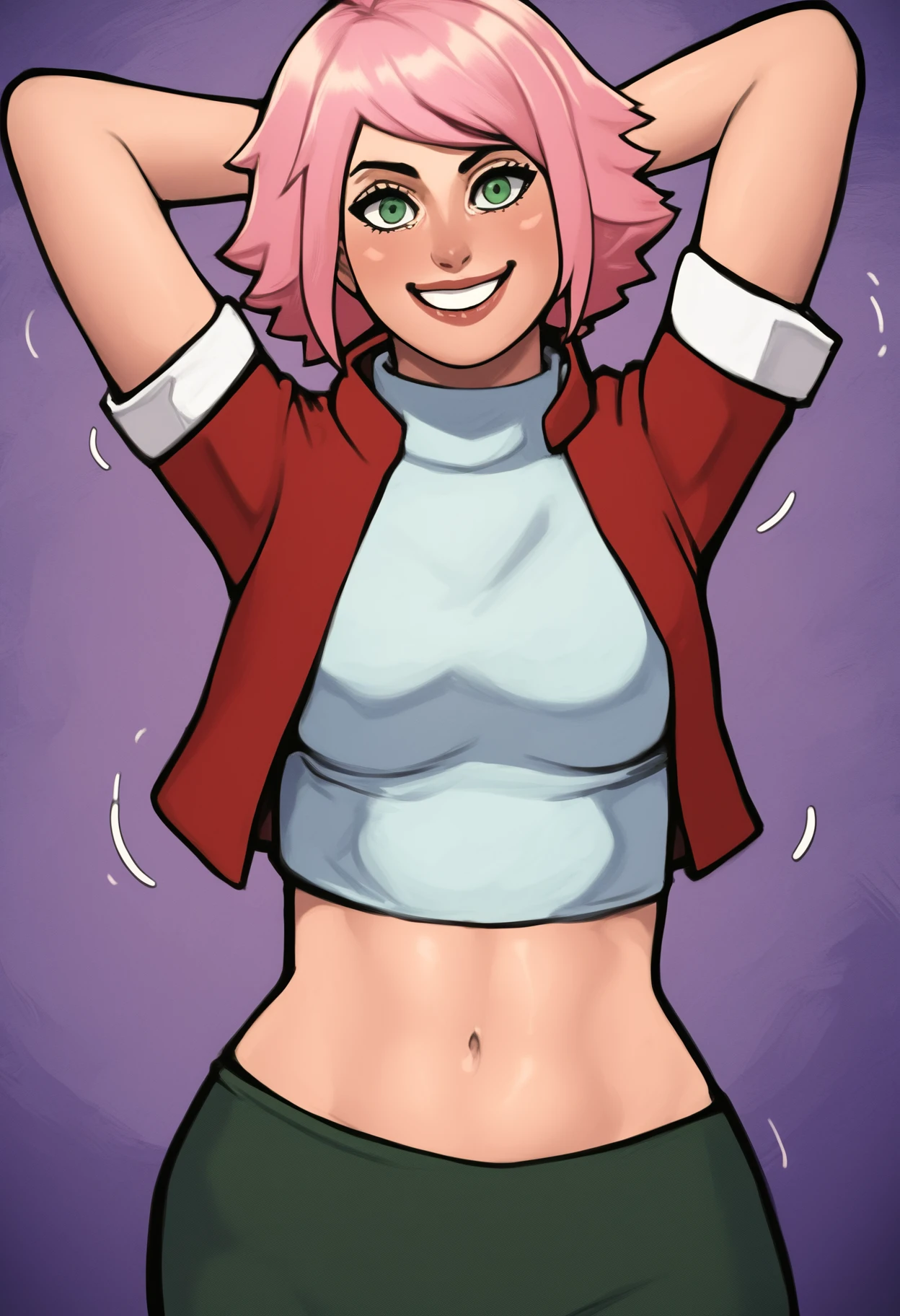 @ReinbachArt,S. Reinbach \(Artist\),Reinbach \(Artist\), score_9, score_8_up, score_7_up, score_6_up, score_5_up, score_4_up, (highest quality), (best quality), motion lines, excited, 1girl, Sakura Haruno \(Naruto Shippuden\), lips, short hair, green eyes, short pink hair, red jacket, midriff , navel , hands behind head, medium breasts, wide hips, smile, Bright purple background,<lora:Reinbach_XL:1>