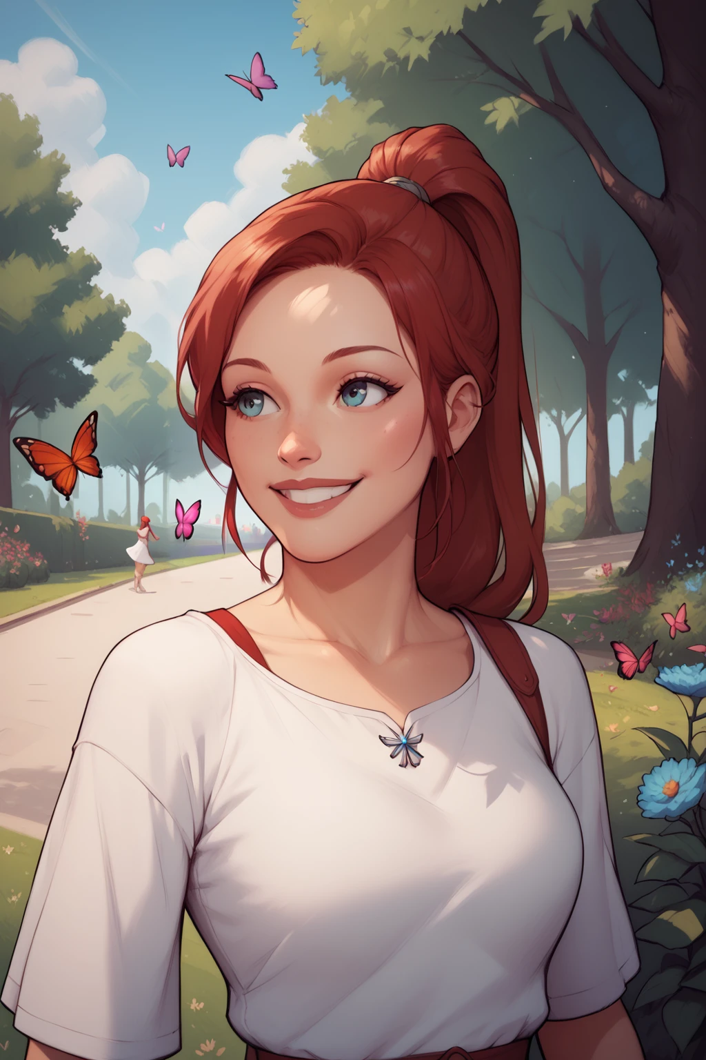 score_9, score_8_up, score_7_up, masterpiece, high quality
 <lora:Sarah KerriganPonyLora:0.8>long hair, srahkrrign, ponytail, red summer dress, walking in a park, flowers, sunny, smile, butterflies, upper body