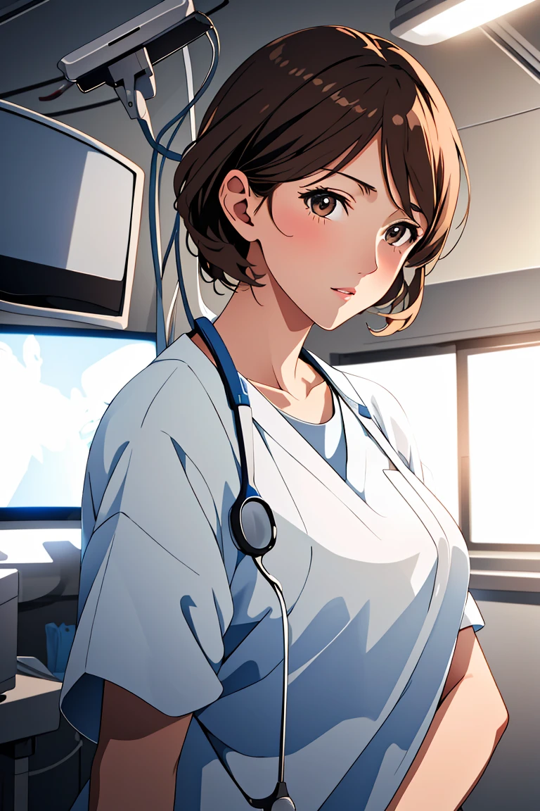 (RAW photo, best quality), operating room, overhead surgical light,blurred background, focused, dithering,backlighting,
 <lora:Reachel _Skalmon_V1.0-000005:0.8> reachel skalmon, 1girl, solo, mature female,brown hair, brown eyes,