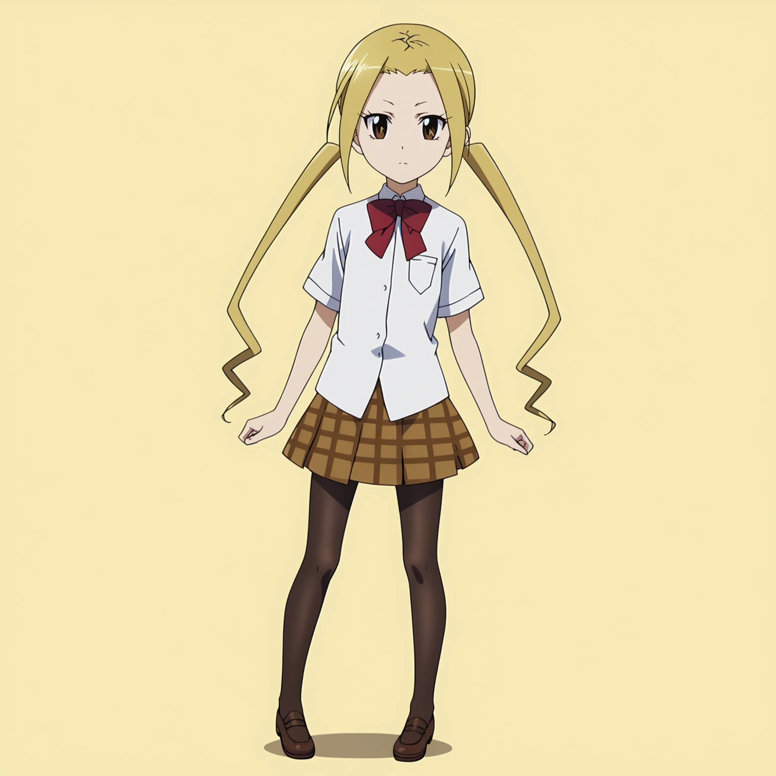 <lora:SuzuHagimuraXLpony001>,
solo,
SuzuHagimura,1girl,blonde hair,twintails,brown eyes,
white shirt,bowtie,short_sleeves,
plaid skirt,
pantyhose,
full body,standing,