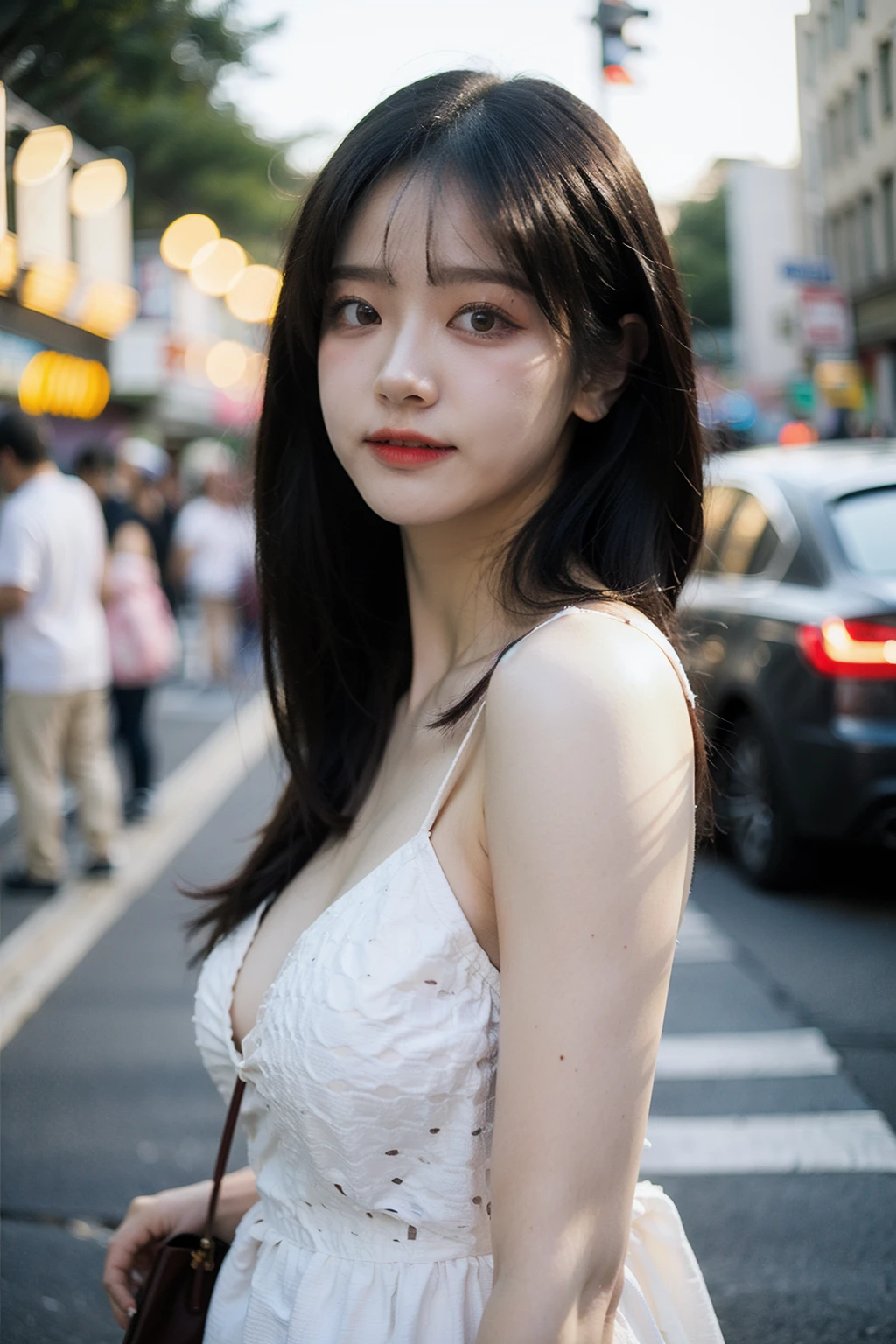 Best quality, masterpiece, ultra high res, (photorealistic), raw photo,1girl, skinny, upper body,solo, realistic, looking at viewer, long hair, bokeh background, city streets,brown eyes, bohemian dress,  <lora:makina69_chodan_v1.2:1>