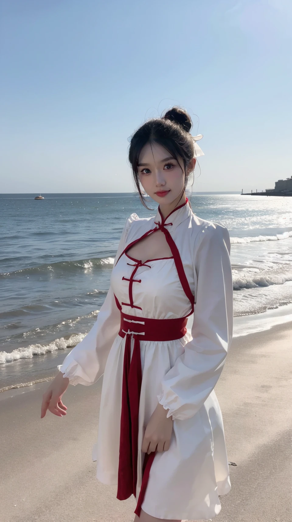 (masterpiece,best quality:1.2),bright colors,solo,photo_,(1girl:1.3),(standing:1.3),(looking at viewer:1.4),Elegant,detailed gorgeous face,(cowboy shot:1.1),realistic,(seaside background:1.2),,MIS,chinese clothes,cutout,double bun,long sleeves,<lora:MIS59:0.75>