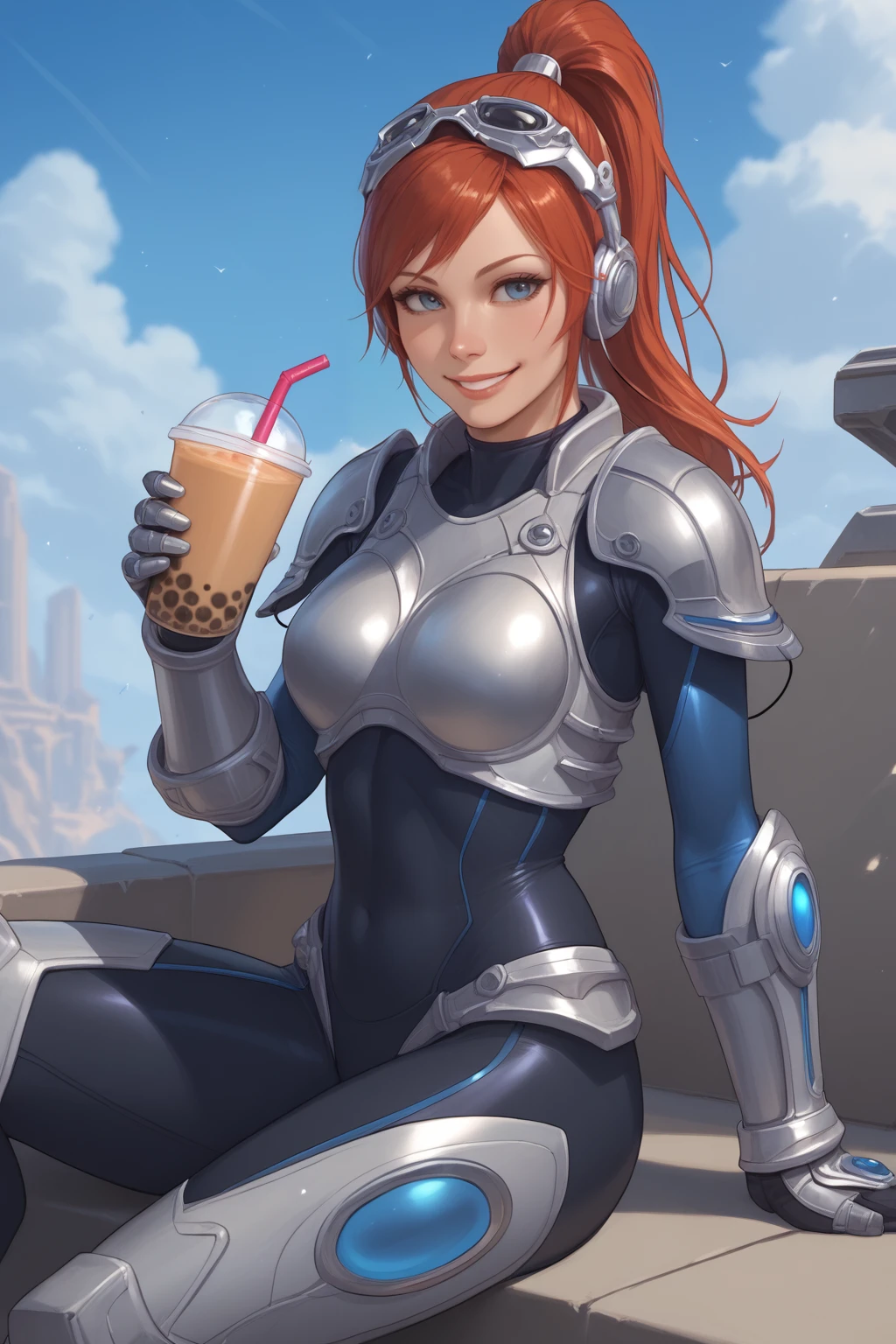 score_9, score_8_up, score_7_up, masterpiece, high quality
 <lora:Sarah KerriganPonyLora:0.8> long hair, srahkrrign, ponytail, breastplate, shoulder armor, bodysuit, goggles on head, headphones, gloves, skin tight, bracer, sitting on a tank, holding a bubble tea, smile