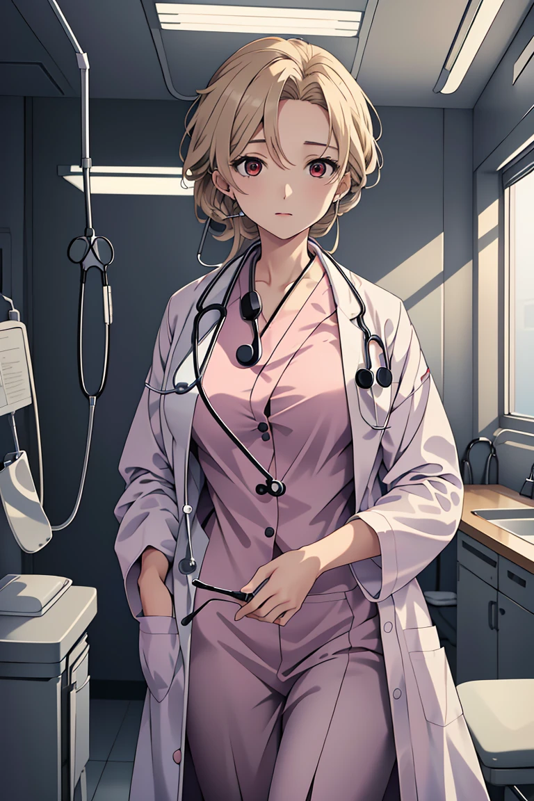 (RAW photo, best quality), operating room, overhead surgical light,blurred background, focused, dithering,backlighting,
 <lora:Sayuri_Brooks_V1.0-000006:0.55> sayuri brooks, 1girl, solo, anime coloring,blonde hair, red eyes, 
 <lora:Doctor Uniform V2:0.8> (doctor_uniform, labcoat, stethoscope, doctor),