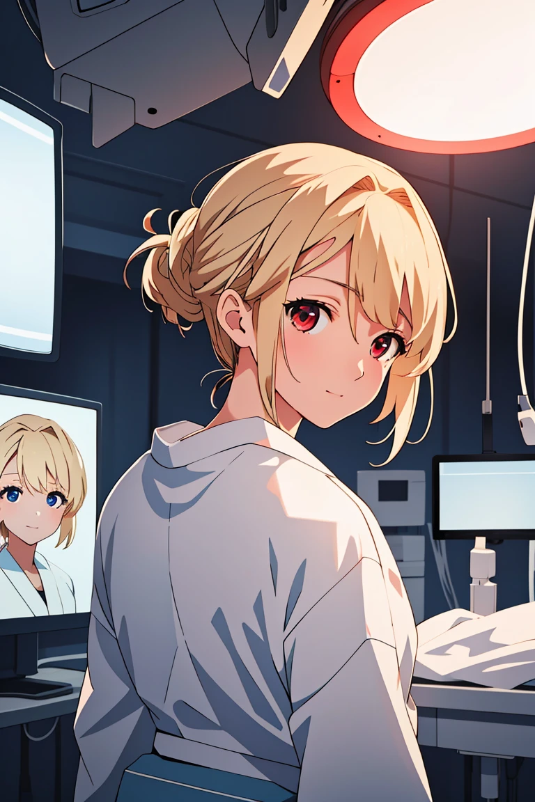 (RAW photo, best quality), operating room, overhead surgical light,blurred background, focused, dithering,backlighting,
 <lora:Sayuri_Brooks_V1.0-000006:0.8> sayuri brooks, 1girl, solo, anime coloring,blonde hair, red eyes,