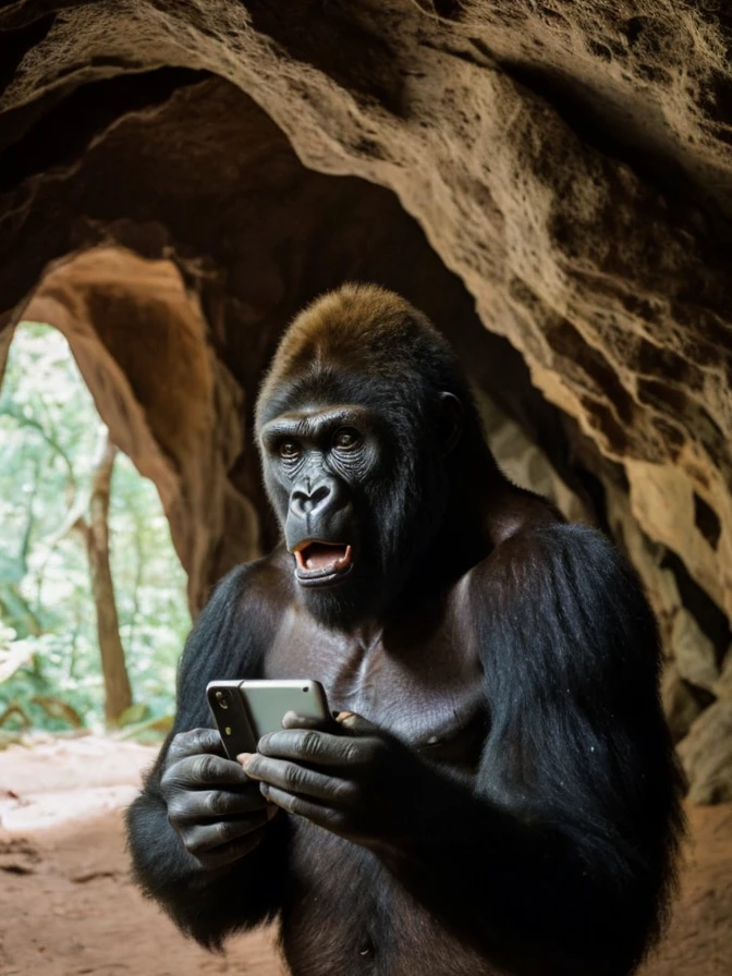 Fine art photography, (amateur photo), (analog photo:1.2,film grain),(an screaming cave [girl:1.2|gorilla] holds a smartphone in his hand and looks at it in surprise),vivid colours,realistic,photographic, (natural colors, correct white balance, color correction, dehaze,clarity)