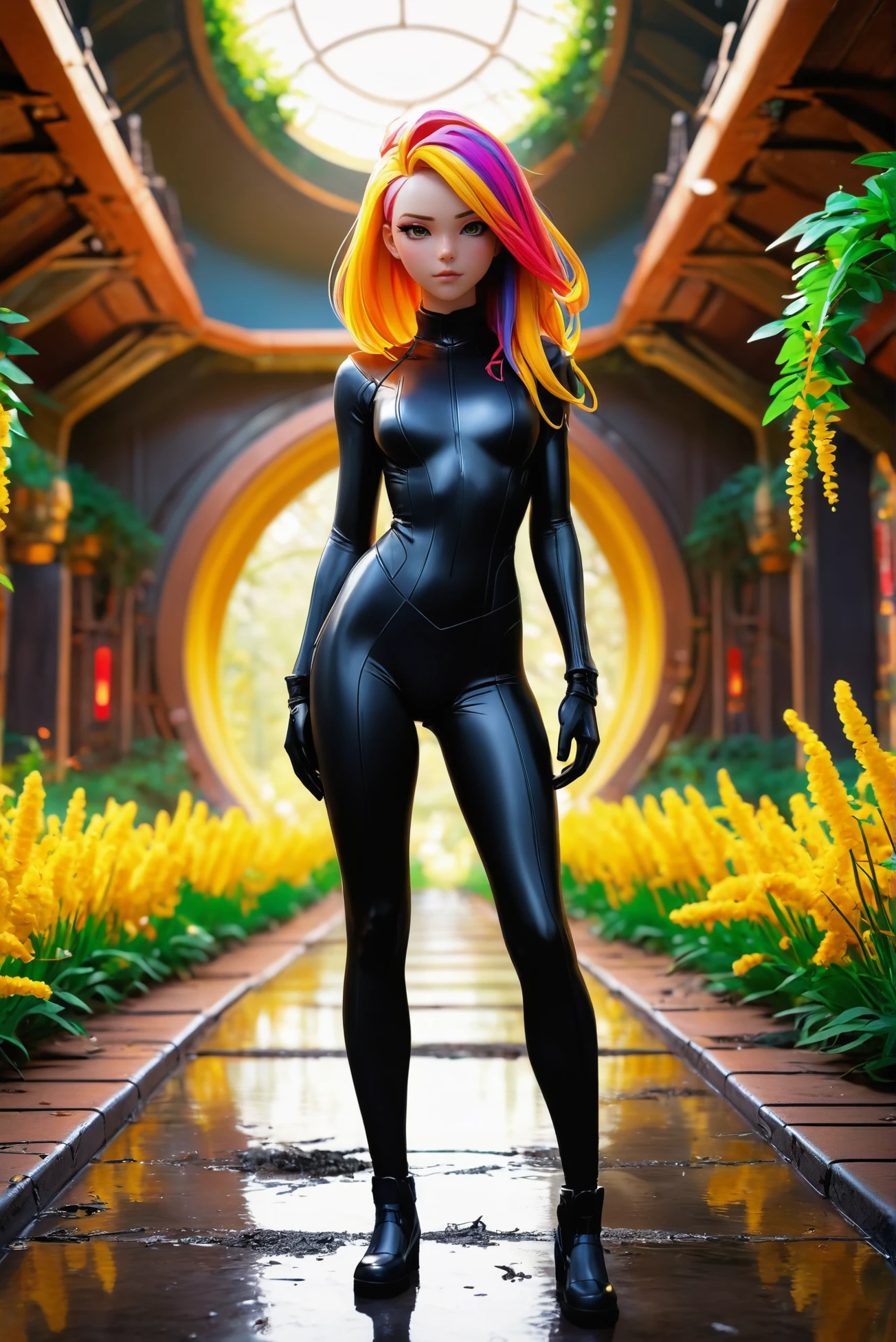 cgi, anime style, 1girl, woman, scifi, nano-eden,galactic gothic, neuromancer, full body, wearing skin-tight plugsuit, bombshell hair, rainbow and goldenrod hair, hair bobbles, cornsilk clothes, athletic hourglass figure, chinese,brightly lit interior, in a Nostalgiacore Abandoned theme park overrun by nature<lora:EnvyStarlight2.5D02:1>