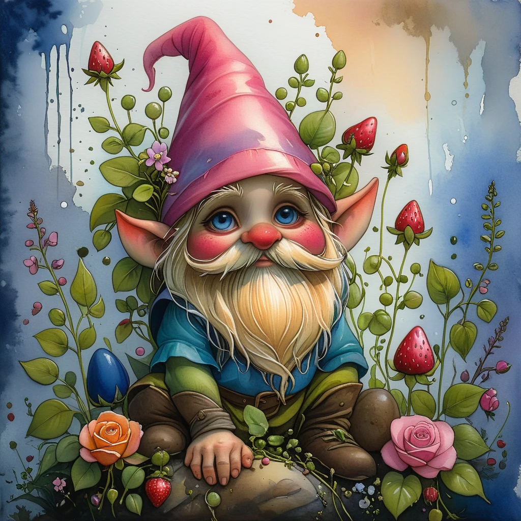 <lora:artfullyONEHUNDRED_SDXL_V1:1>, art100th,(((garden gnome))), cottage core, viking lore, recovery, watercolor, monet, strawberries and pea tendrils, sugar snap peas and bleeding heart, pink, cobalt, lilac, yellow, tangerine, pearl, rose quartz