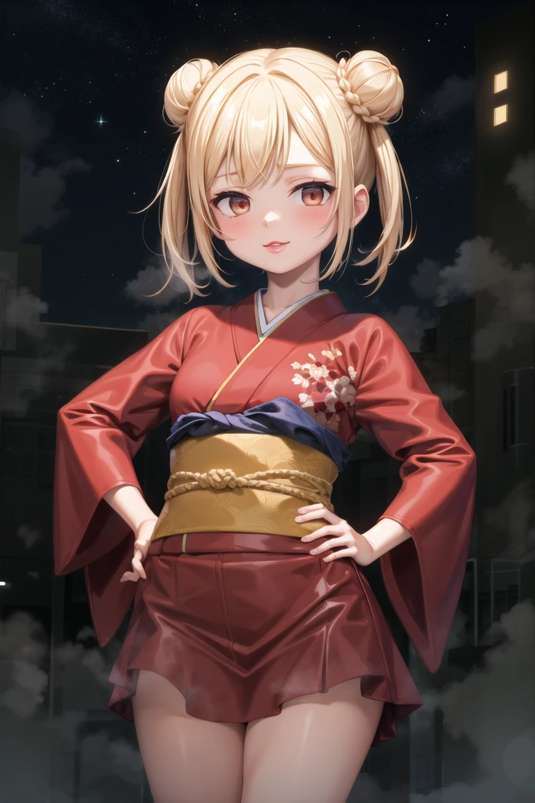 (masterpiece, best quality:1.2), 1girl, solo, cowboy shot,
on top of a building, at night, (heavy fog:1.3) and bright stars,
wearing a kimono,  hands on hips, 
lipstick, eyeshadow, (short hair:1.1), (double bun hair:1.1), (oily skin:1.1), 
<lora:sakuranbo-10:0.6:lbw=ALL>