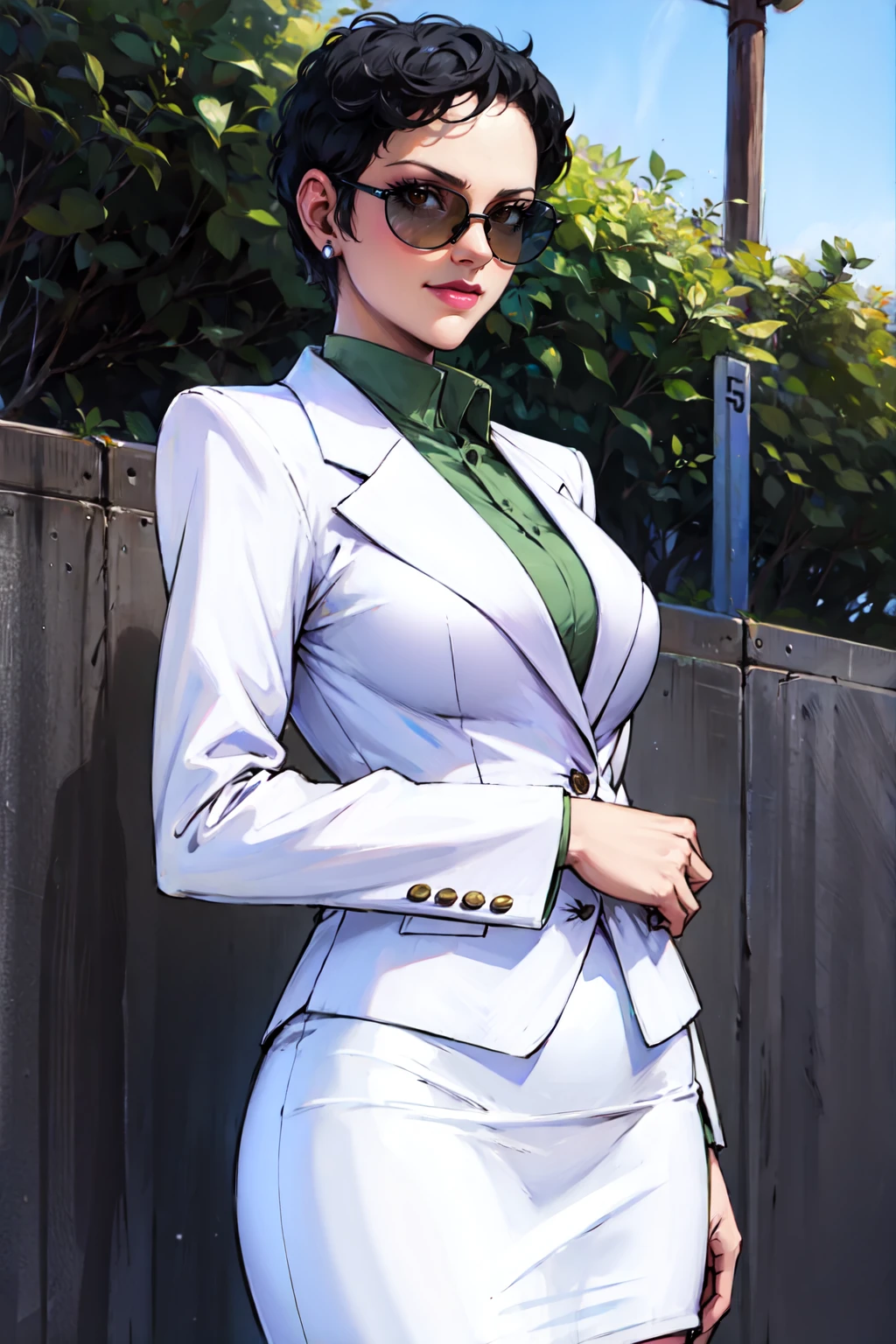 <lora:BaBuKa_Gokudou_no_Tsuma__Hasukata_Ren:1> hasukata ren, short hair, black hair, earrings, jewelry, makeup, brown eyes, pink lips,(green shirt,collared shirt,white suit,pencil skirt,sunglasses),outdoors,smile,