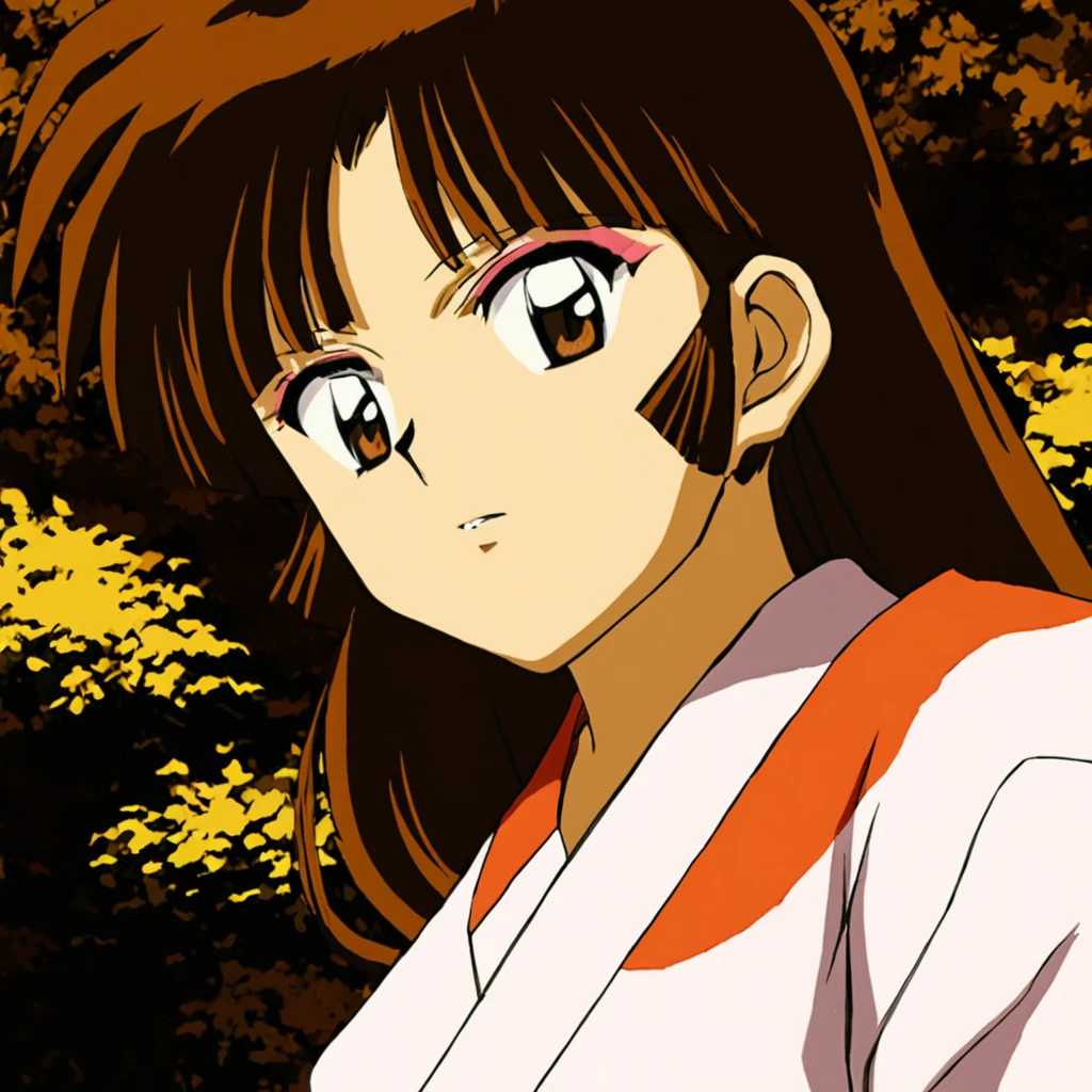 <lora:SangoA:1> 1girl, solo, long hair, brown hair, brown eyes, bangs, makeup, kinomo, japanese clothes, looking at viewer, nature, cloud, 1990s (style), retro artstyle, anime coloring