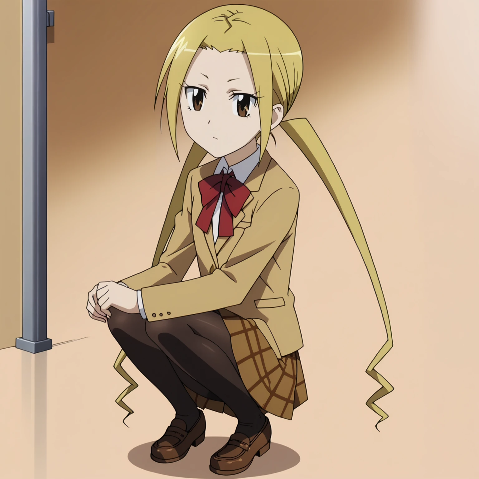 <lora:SuzuHagimuraXLpony001>,
solo,
SuzuHagimura,1girl,blonde hair,twintails,brown eyes,
school_uniform,
plaid skirt,
pantyhose,
full body,squatting,