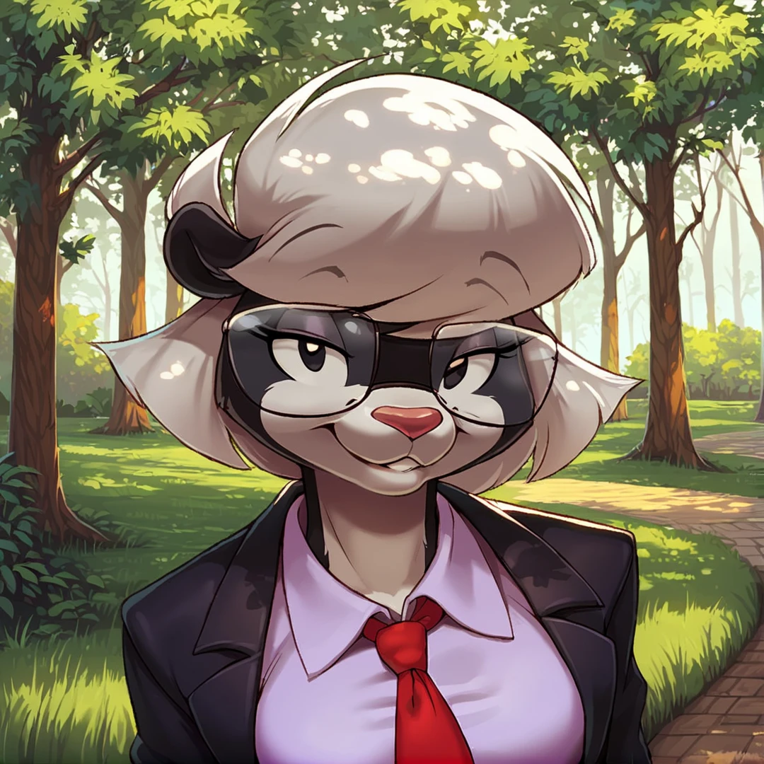 score_9, score_8_up, score_7_up, score_6_up, score_5_up, score_4_up, (Source furry), (rating safe), <lora:SabrinaSkunk:0.8>, sabrina skunk, outside, trees, grass, sidewalk, detailed background, skunk girl, two tone fur, glasses, furry female, white hair, short hair, wearing black hat, wearing black blazer,  plain white t shirt, red necktie, smile, looking at viewer, standing, bottomless, upper body, black eyes, medium breasts,