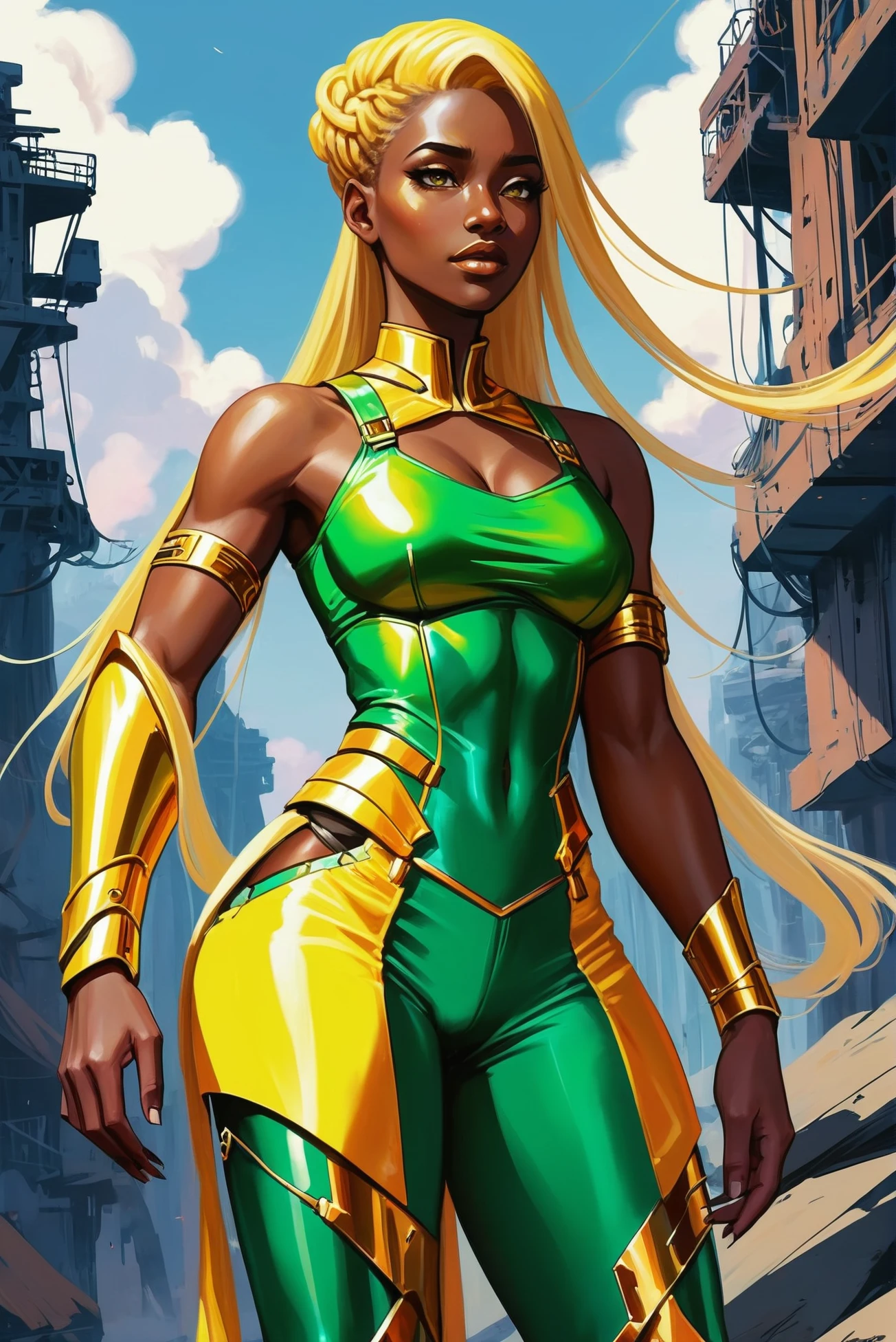 digital painting, dilithium mine in a techno-optimist,abandoned fantasy vertical city beyond the beginning of the universe, masterpiece,1girl, woman, warrior, armor, pauldrons, bombshell hair, gold hair, Senegalese Twists, bright mediumspringgreen clothes, muscular hips, muscular legs, wide hips, narrow waist, abs, medium breasts, caucasian<lora:EnvyStarlightBeauty10:1>
