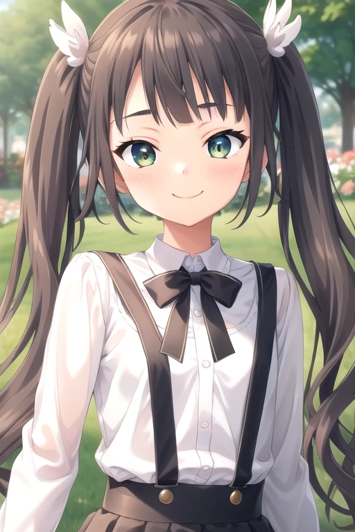 ((masterpiece)),(best quality),official art,extremely delicate and beautiful,extremely detailed CG,unity 8k wallpaper,ultra detailed,beautiful detailed eyes,extremely detailed face,outdoors,1girl,solo,upper body,(portrait:1.5),looking at viewer,facing viewer,smile,(petite:1.2),Komari Azuma,very long hair,black hair,twintails,hair flower,white flower,wing hair ornament,hairclip,sidelocks,blunt bangs,green eyes,school uniform,white sailor collar,black bowtie,white shirt,long sleeves,small breasts,animal bag,miniskirt,black skirt,suspender skirt,frilled skirt,white socks,frilled socks,mary janes,black footwear,<lora:Komari Azuma(sdg2):0.8>,