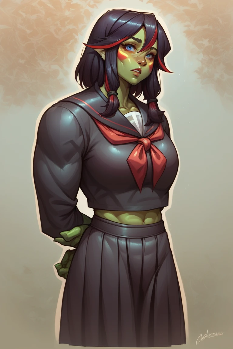 <lora:orkz:0.9> orkz,shoulder armor, spikes, checkerboard,1girl with (green skin:1.2),cute, black hair,tusks,school uniform, hands on hips, necktie,twin drills,school hallway, huge breasts,, (masterpiece, best quality,absurdres: 1.2),, masterpiece,best quality,ultra-detailed,very detailed illustrations,extremely detailed,intricate details,highres,super complex details,extremely detailed 8k cg wallpaper
