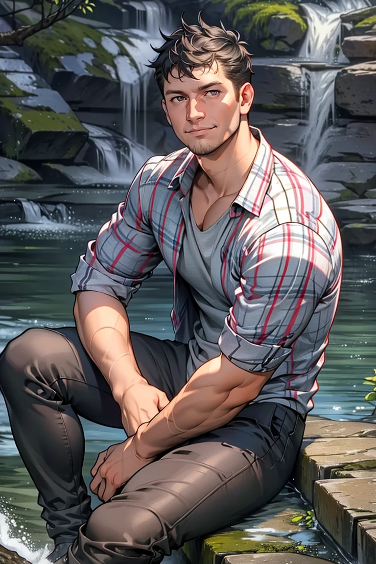 (masterpiece, best quality:1.2), man, smirk, (depth of field:1.1), , photo of person, plaid shirt, denin pants, stubble,sitting, waterfall, masterpiece, perfect face, perfect picture, detailed eyes, sharp focus, muscular<lora:EMS-3262-EMS:0.400000>, <lora:EMS-341901-EMS:1.000000>