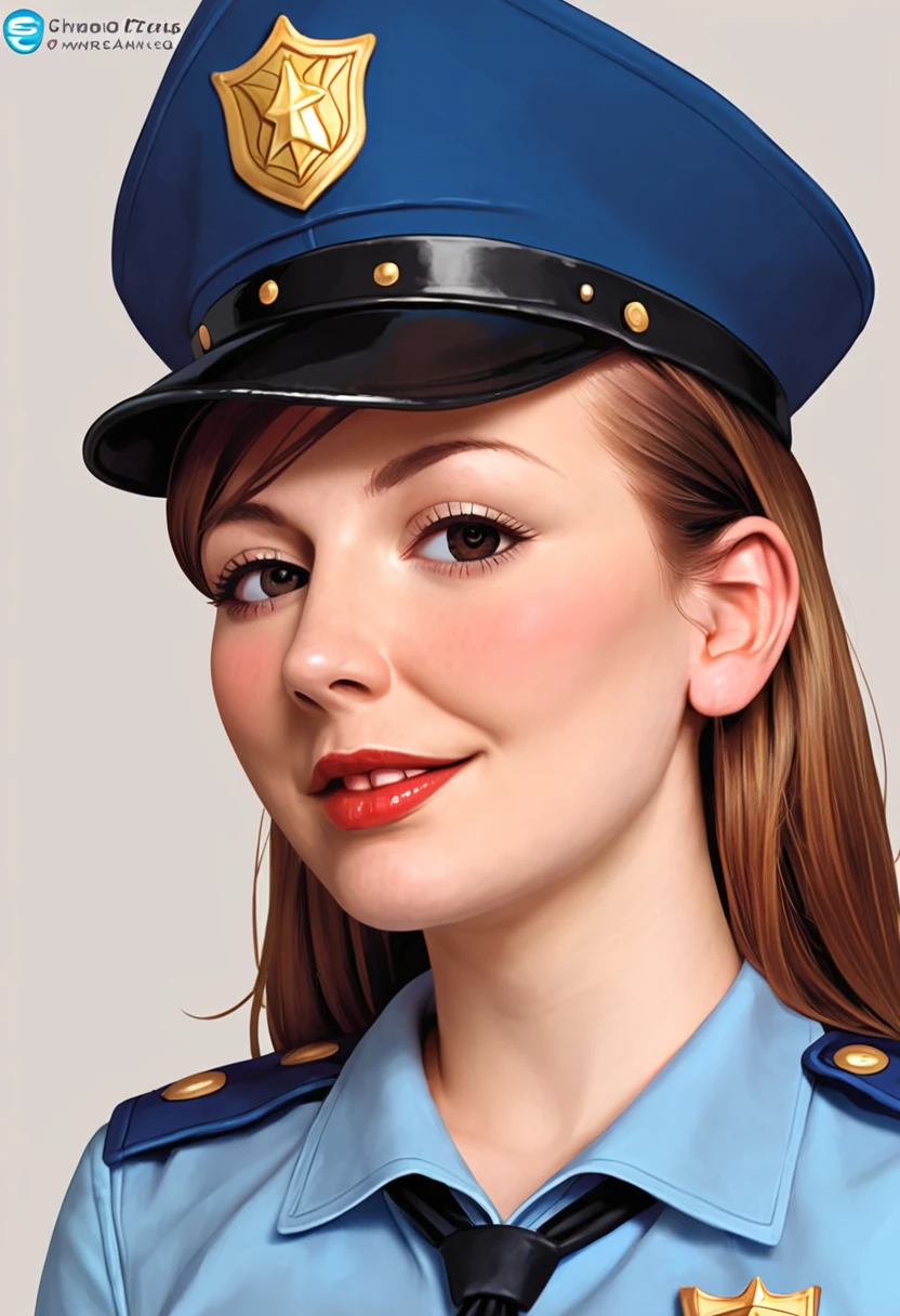 score_9, score_8_up, score_7_up, source_cartoon, rating_safe, 1girl, solo, christy marks, brown hair, red lips, police uniform, police cap, PORTRAIT
(cartoon, anime),detailed face, (cowboy shot), source_cartoon, detailed eyes, masterpiece,    
 SIMPLE BACKGROUND, 
seductive,,lewd,sensual ,
looking  at viewer,blush, happy,flirting eyes, <lora:Christy_Marks:.7>