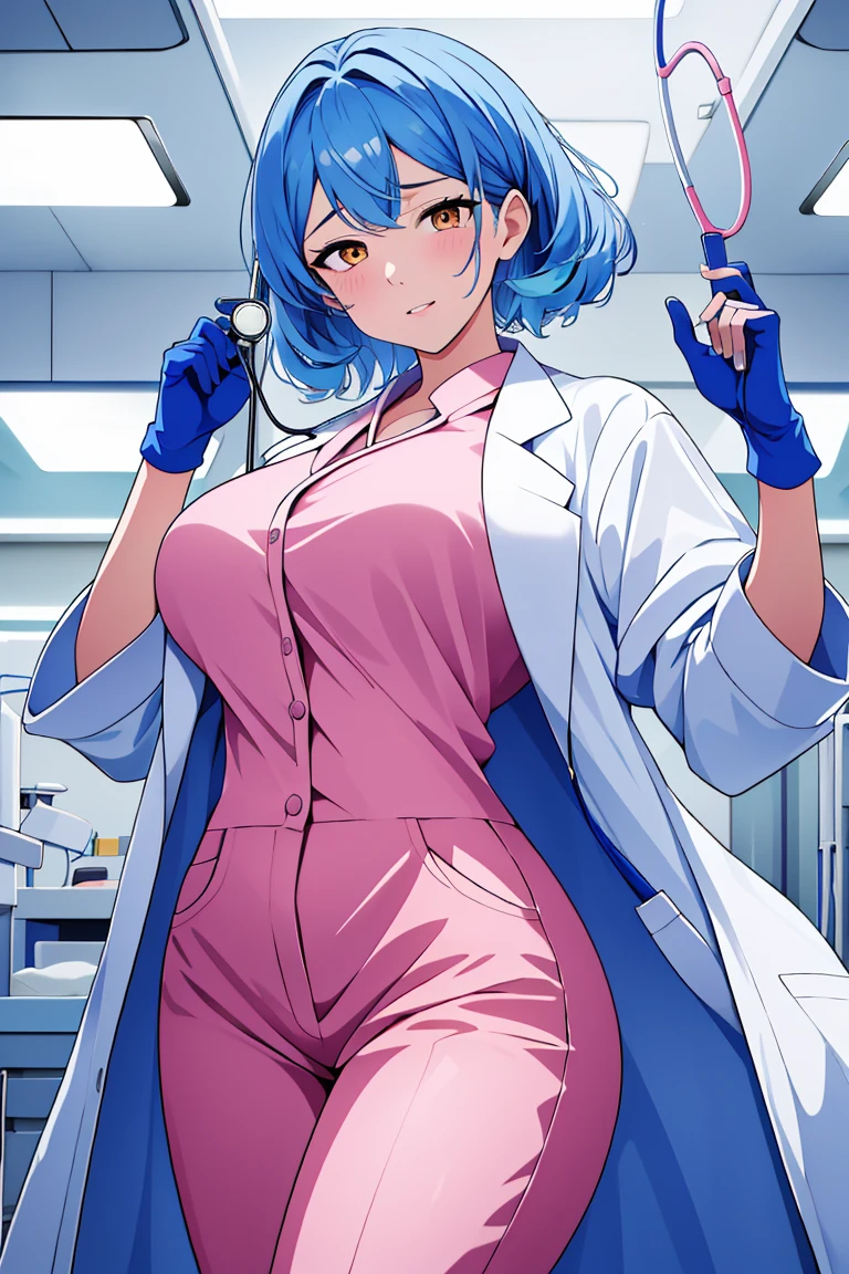 (RAW photo, best quality), operating room, overhead surgical light,blurred background, focused, dithering,backlighting,
 <lora:Mitsuwa_Shirai_V1.0-000005:0.58> mitsuwa shirai, 1girl, solo, mature female,blue hair,yellow eyes,
 <lora:brwn_doctor_uniform:0.8> bwn_doc_unif, blue gloves, pink shirt, labcoat, stethoscope,latex pants,