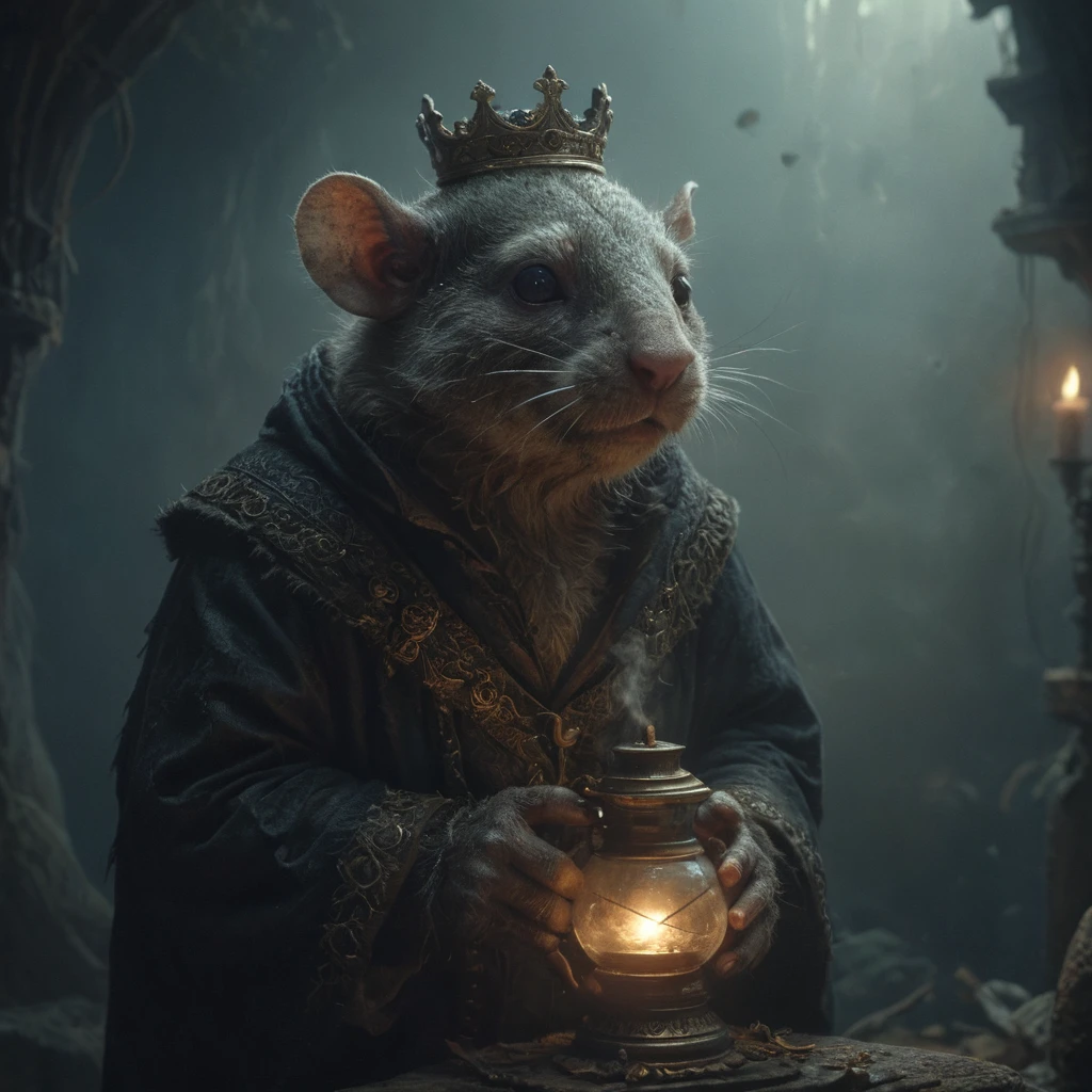 Eager to explore this newfound power, the King eagerly consumed the potion. To his surprise, the potion had an unexpected side effect. Instead of understanding the language of animals, the King found himself transforming into a small, helpless creature - a rat., Victorian rat, (vacations, high resolution:1.3), (small, selective focus, european film:1.2), (sexual advance:1.1), ,end of hopes ,silence, extremely detailed,dark,sad, easynegative, digital artwork by Beksinski, extremely detailed, dark, chiaroscuro, low-key,in the style of Kelly Slater ,style by Kelly Slater,closeup,digital artwork by Beksinski, style of Kelly Slate