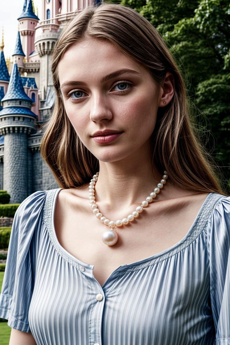 European woman, closeup, (shirt), pants, (disney castle), pearl necklace , ZM_christina , wide shoulders, perfect face, (contact iris: 1.1), pale skin, skin pores , depth of field