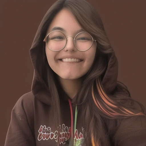 glasses, brown background, long hair, smile, outdoors, multicolored hair, looking at viewer, hoodie, closed mouth