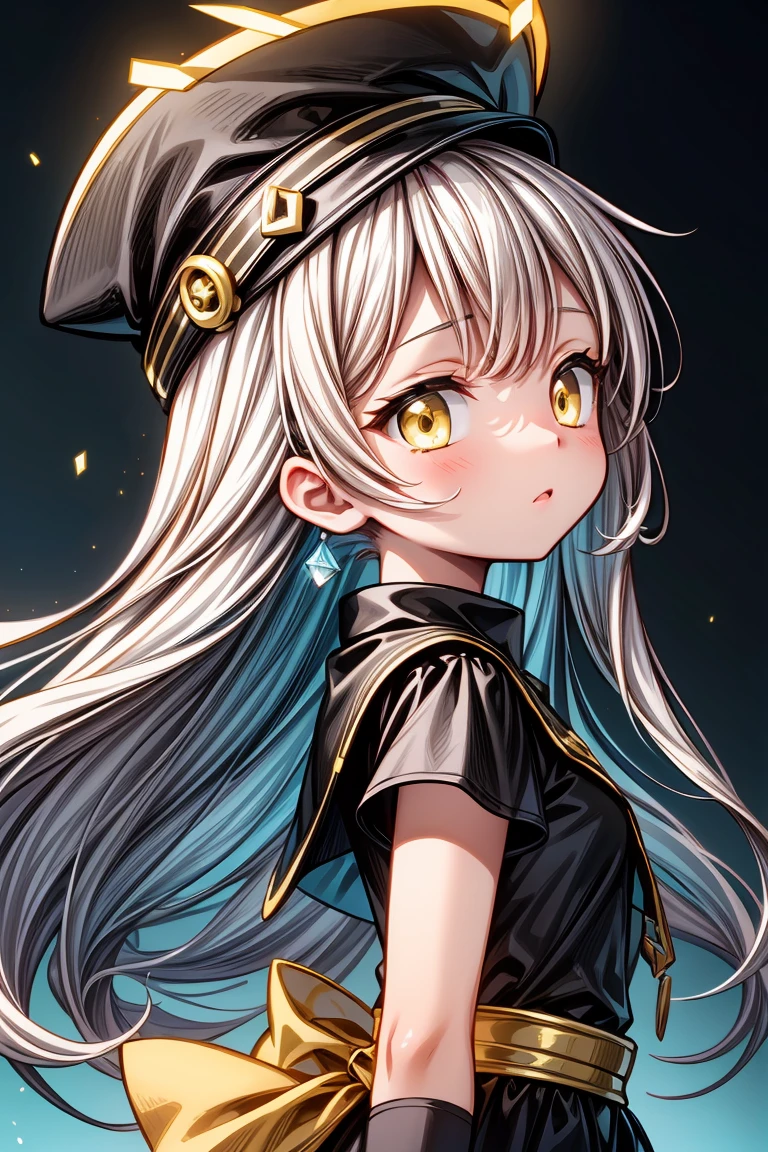 greyscale, (black and gold theme:1.3),1girl,solo,badass,cold,((Detailed)), ((Masterpiece)), ((Impressive)), ((Elegant)), ((Mind-blowing)), ((Phenomenal)), anime, Shojo, Romance, Drama, digital artwork, Digital masterpiece, Digital masterpiece, Digital illustration, neon light, Neon illumination, Electrifying light, Vibrant glow, 35mm, Panoramic view,Illustration,Cover,enigmatic figure,draped in translucent fabric,crystals adorning hair,dreamlike swirl,pastel hues,soft light,evoking calm serenity and elusive beauty,Non-representational,colors and shapes,expression of feelings,imaginative,highly detailed,white_hair,fingerless_gloves,headwear,gold_eyes,looking_at_viewer,upper_body,from_side