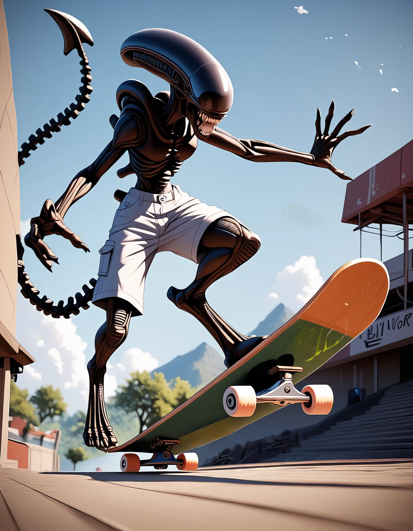 score_9, score_8_up, score_7_up, score_6_up, score_5_up, score_4_up,  
(skateboard:1.2),carricature, huge head,(xenomorph alien:1.1),by h.r.giger, full body,wearing shorts,standing,planets,outside,(kickflip:1.1), skatepark,jumping,in the air, (dynamic pose:1.1),front view