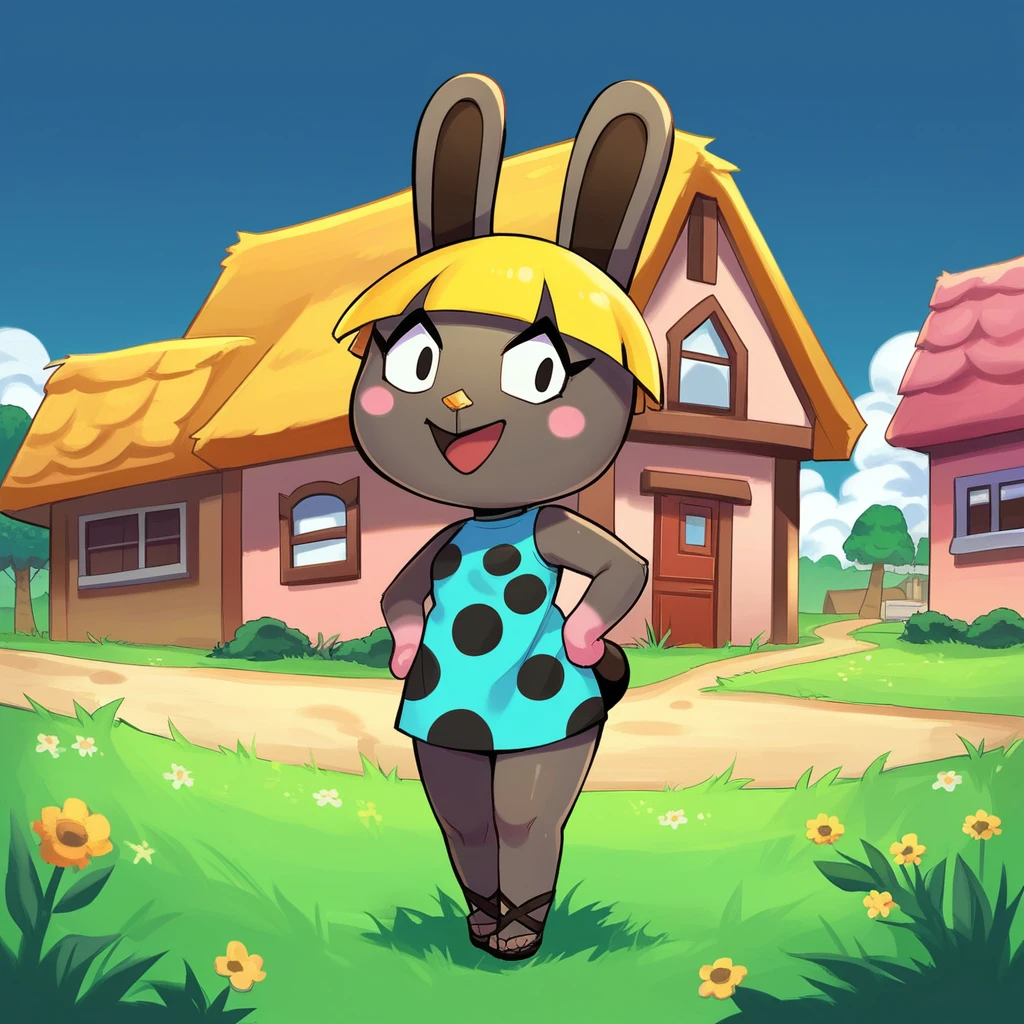 zPDXL, score_9_up, score_8_up, score_7_up, best quality, source_anime, grass, trees, clouds, outdoors, town, house, BREAK 1girl, solo, bonbon_(\animal_crossing), rabbit, lagomorph, anthro, yellow hair, grey fur, black eyes, sandals, aqua shirt, polka dot shirt, no sleeves, smile, open mouth, hands on hips, looking at viewer <lora:PDXL_Bonbon_AC:1>