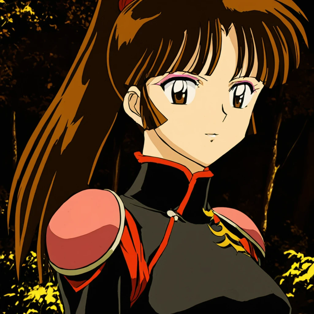(masterpiece:1.2), <lora:SangoA:1> 1girl, solo, long hair, ponytail, brown hair, brown eyes, bangs, makeup, nature, bodysuit, armor, tree, looking at viewer, blushing, 1990s (style), retro artstyle, anime coloring