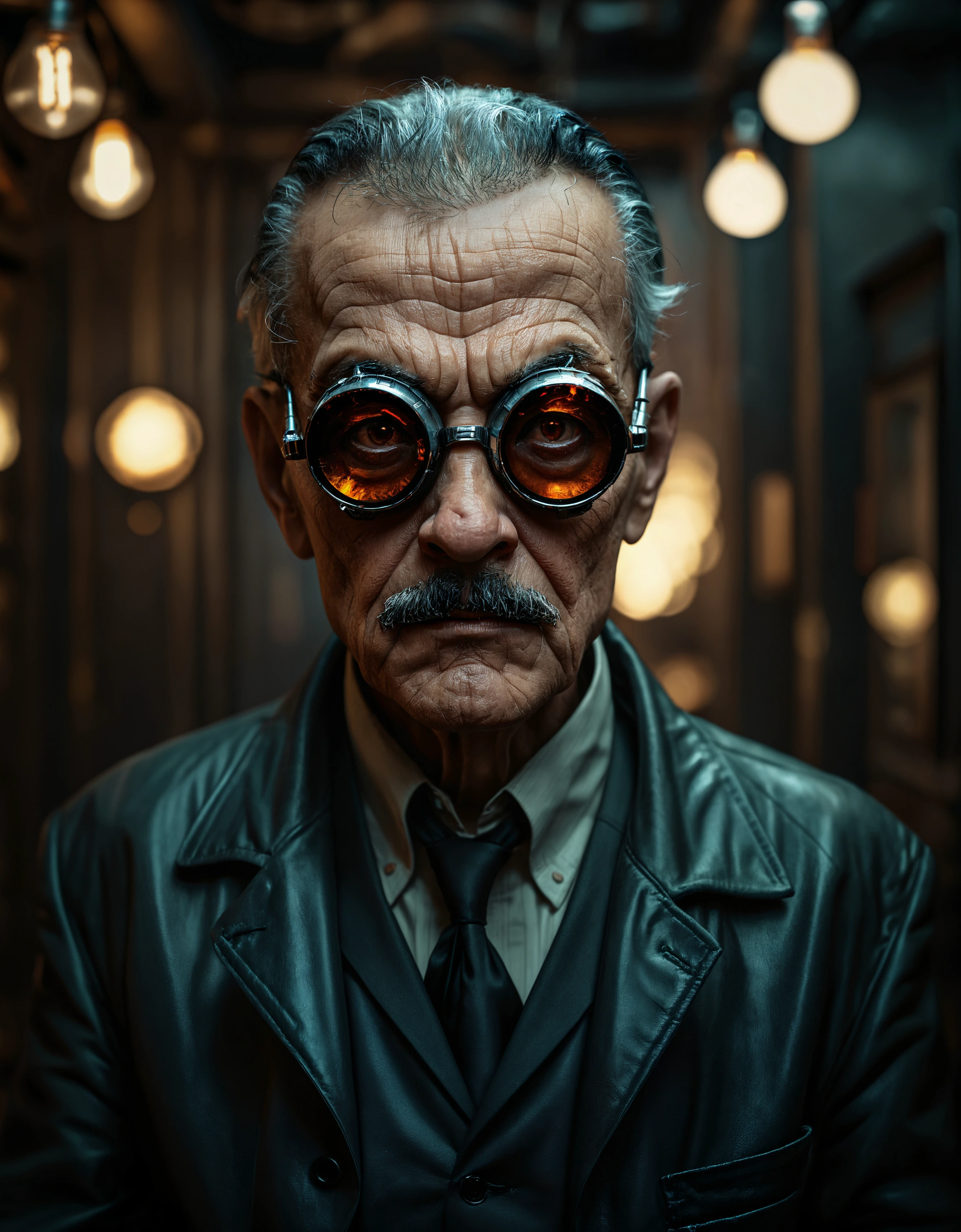 (zavy-ldprtrt), cinematic film still old evil scientist,man, cyberpunk, mask, wrathful eyes, dark science lab, steampunk sun glasses, dark atmosphere, Homunculus . shallow depth of field, vignette, highly detailed, high budget, bokeh, cinemascope, moody, epic, gorgeous, film grain, grainy