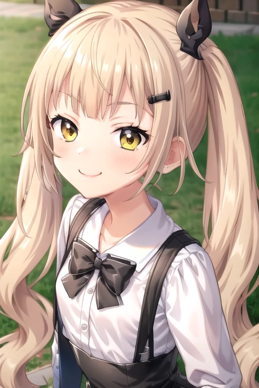 ((masterpiece)),(best quality),official art,extremely delicate and beautiful,extremely detailed CG,unity 8k wallpaper,ultra detailed,beautiful detailed eyes,extremely detailed face,outdoors,1girl,solo,upper body,(portrait:1.5),looking at viewer,facing viewer,smile,(petite:1.2),Himari Azuma,very long hair,blonde hair,twintails,hair ornament,hair bow,black bow,sidelocks,blunt bangs,yellow eyes,green eyes,school uniform,white sailor collar,black bowtie,white shirt,long sleeves,small breasts,animal bag,miniskirt,black skirt,suspender skirt,frilled skirt,black socks,shoes,black footwear,<lora:Himari Azuma(sdg2):0.8>,