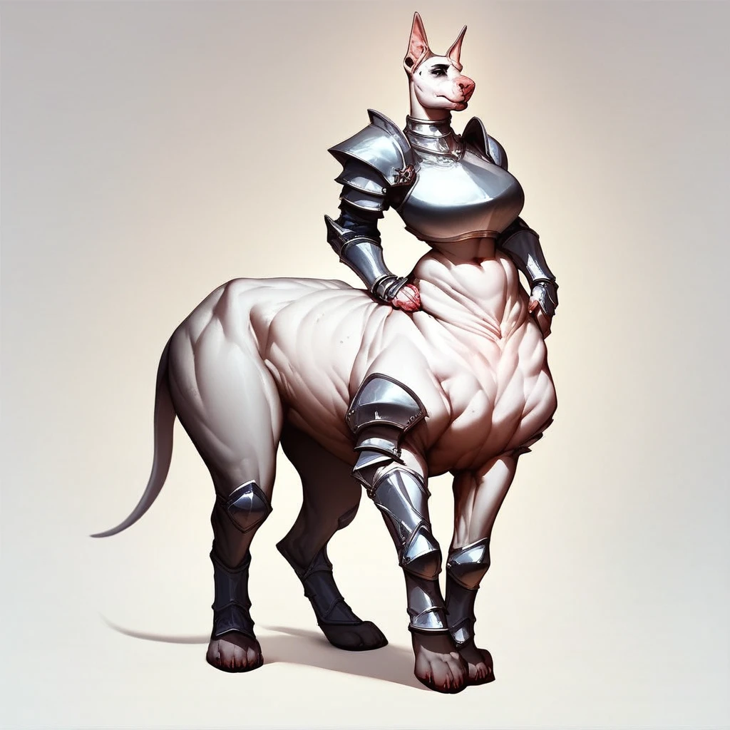 score_9, score_8_up, score_7_up, score_6_up, score_5_up, score_4_up, armoredfur, sexy armored female bull terrier taur with big breats thick thighs and wide hips, taur, quadruped, paws, digitigrade,
