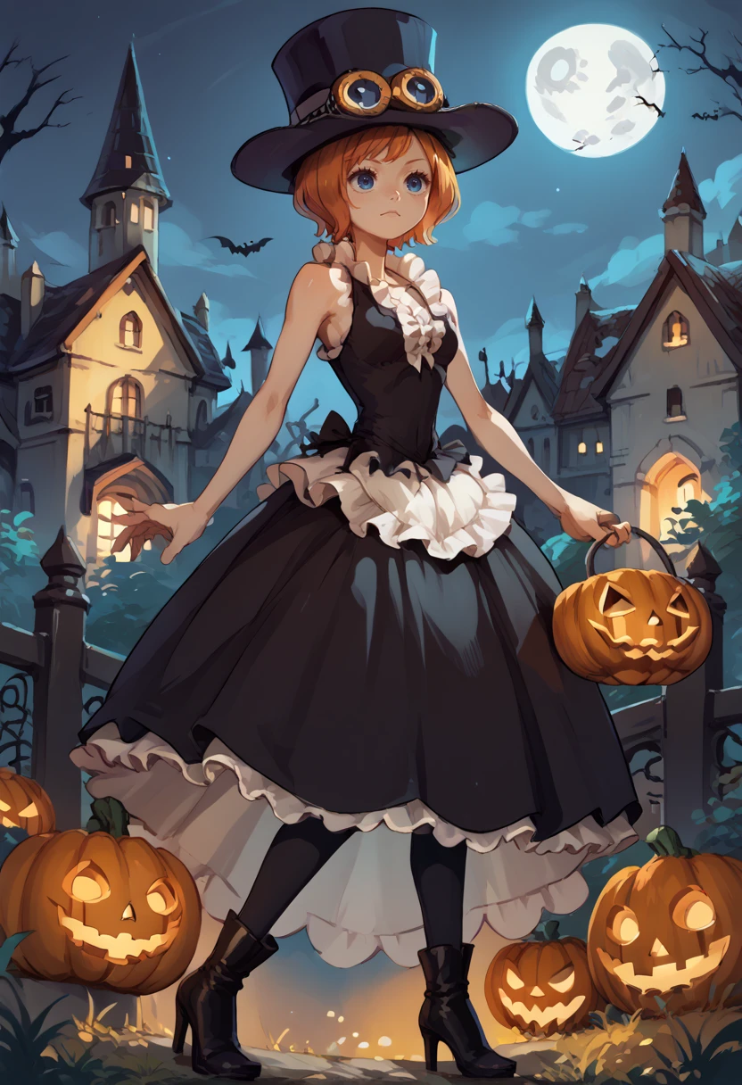 score_9, score_8_up,score_7_up, source_anime, 1girl, solo, <lora:EPopKoala:1.0>, EPopKoala, short hair, orange hair, swept bangs, blue eyes, top hat, goggles on headwear, black dress, frilled dress, sleeveless dress, black legwear, zettai ryouiki, high heel boots, black black footwear, outdoors, castle, full moon, halloween,  jack-o'-lantern,