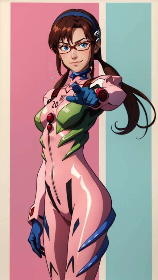 (best quality, masterpiece, highres:1.2)(makinami_mari)<lora:makinami_mari_illustrious:1>(evangelion) 1girl (makinami_mari), wearing ((full pink)) evangelion full pink suit (high resolution textures), narrow red glasses, bangs, big_blue_eyes, bodysuit, breasts, cowboy_shot, narrow_red_glasses, hairband, light_smile, dark_brown_long_hair, looking_at_viewer, low_twintails, makinami_mari_illustrious, pilot_suit, green_bodysuit, plugsuit, dark_brown_hair, shiny, shiny_clothes, simple_background, skinny, solo, makinami_mari, standing, turtleneck, twintails, (high resolution textures), in dynamic pose, (intricate details), detailed, light passing through hair, splash art flat background,(official art)