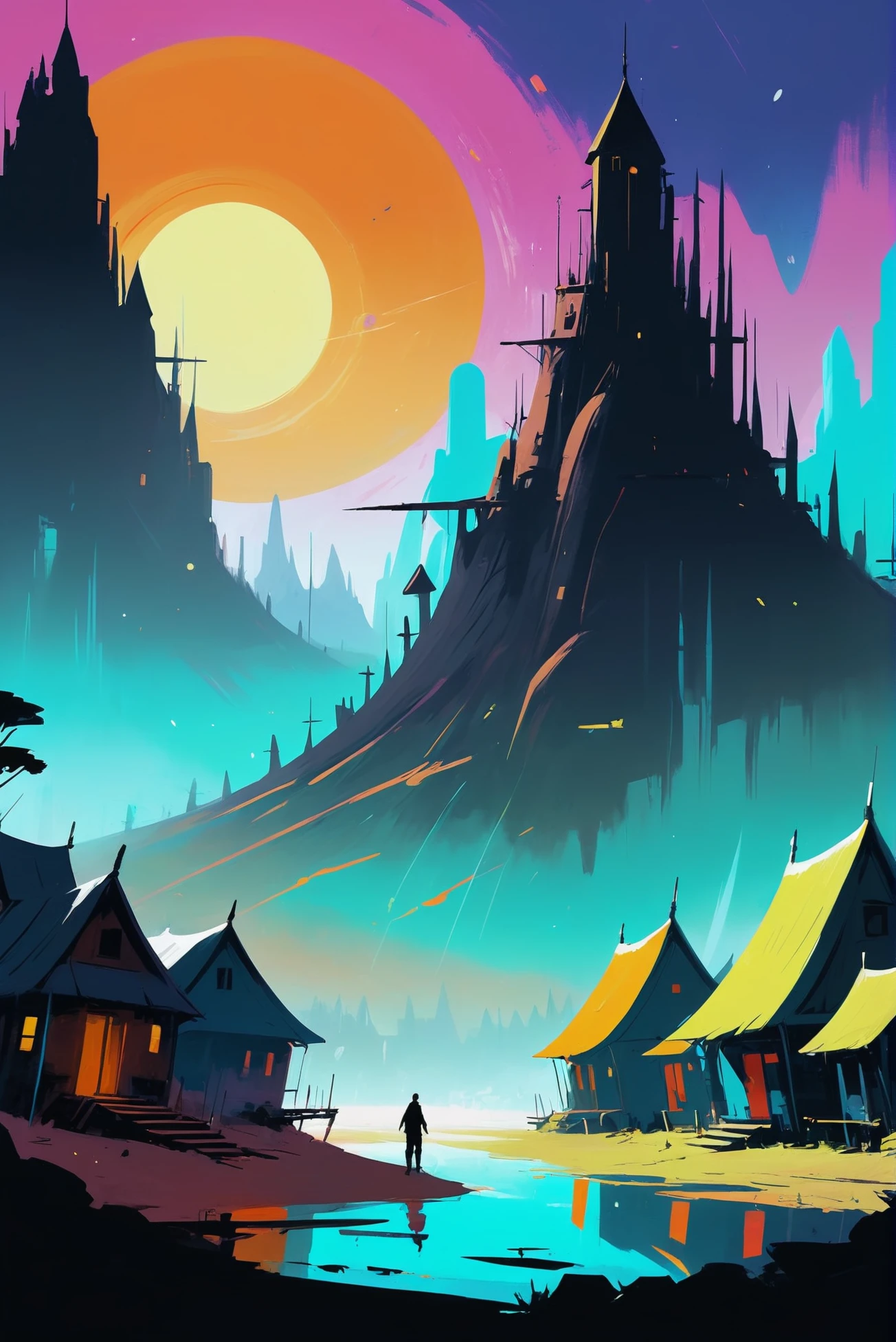 rough brushy digital painting, sketch, cosmic fantasy village outside of time<lora:EnvyStarlightDigitalPainting04:1>