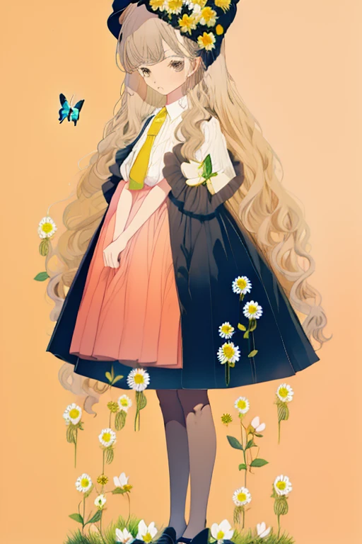 illustration,butterfly,flower,1girl,flowers meadows,long hair,hat,yellow flower,necktie,holding,frills,dress,colorful,bangs,pantyhose,black footwear,black headwear,skirt,ribbon,daisy,full body,pink bow,(border),<lora:illustration_20240520235257-000003:1.7>,incredibly absurdres,available light,nature,simple background,grey background,